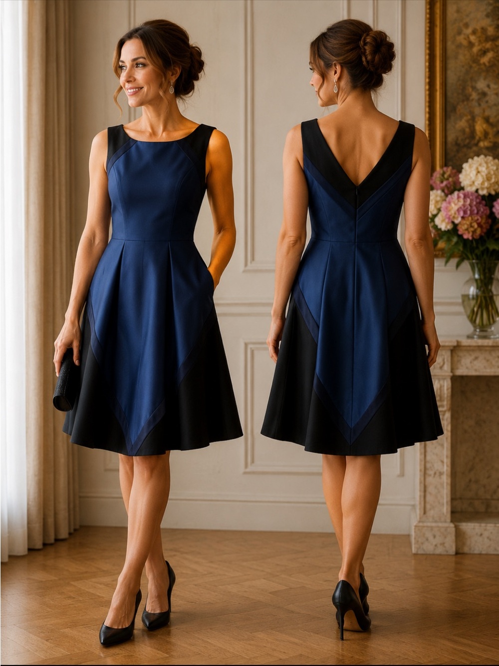 Theia Navy and Black sleeveless Fit-and-Flare Dress